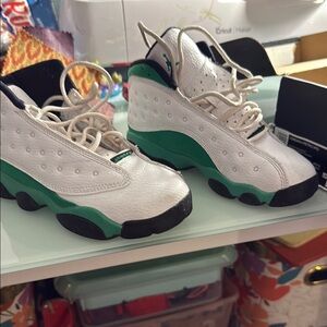 White and Green Jordan 13 Sneakers with Classic Silhouette